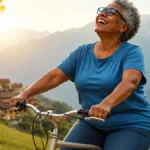 African American woman enjoying a fun senior activity riding a bike in San Diego