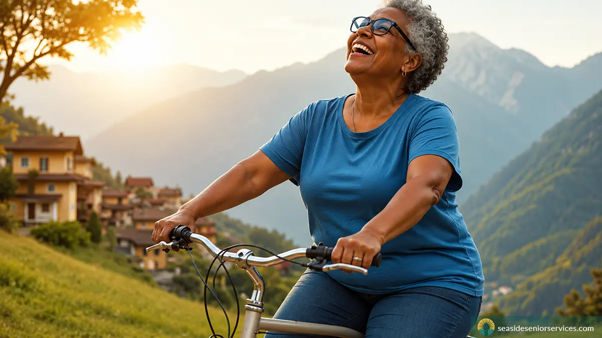African American woman enjoying a fun senior activity riding a bike in San Diego